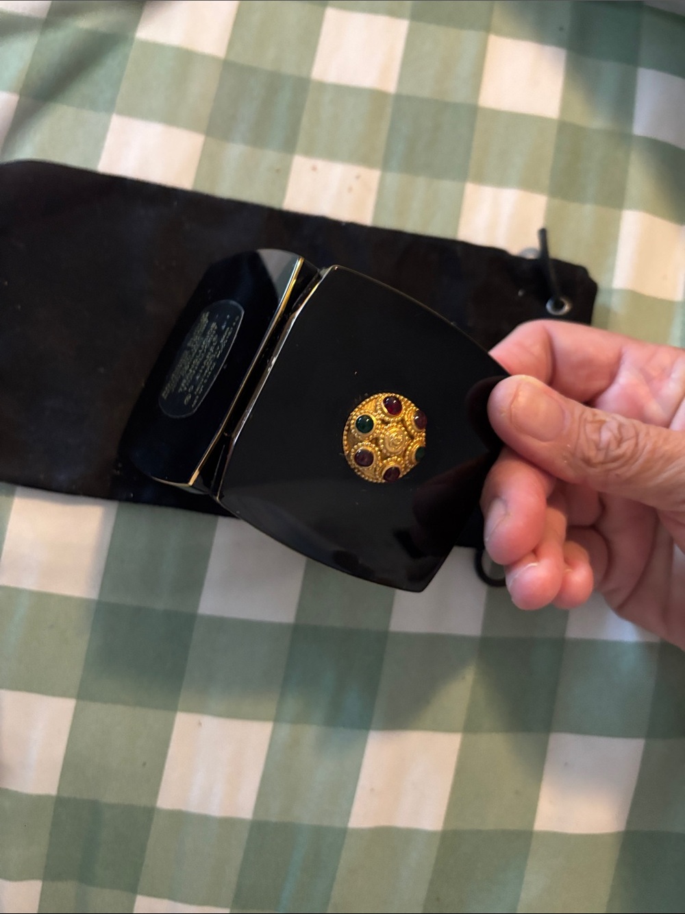 CHANEL Black Compact with Gold Medallion and Multicolor Stones with Storage Bag - Picture 14 of 16